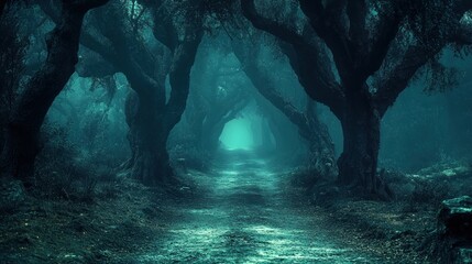 Mysterious path through a dark, foggy forest with ancient trees.