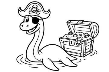 Pirate Plesiosaur with Treasure Chest Isolated Vector Coloring Page