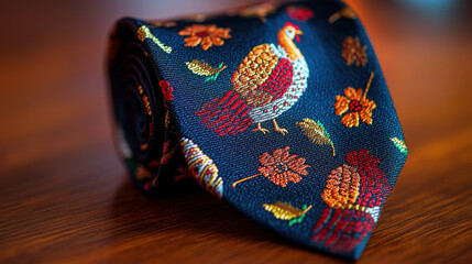 Thanksgiving tie with whimsical turkey design, perfect for festive occasions and celebrations