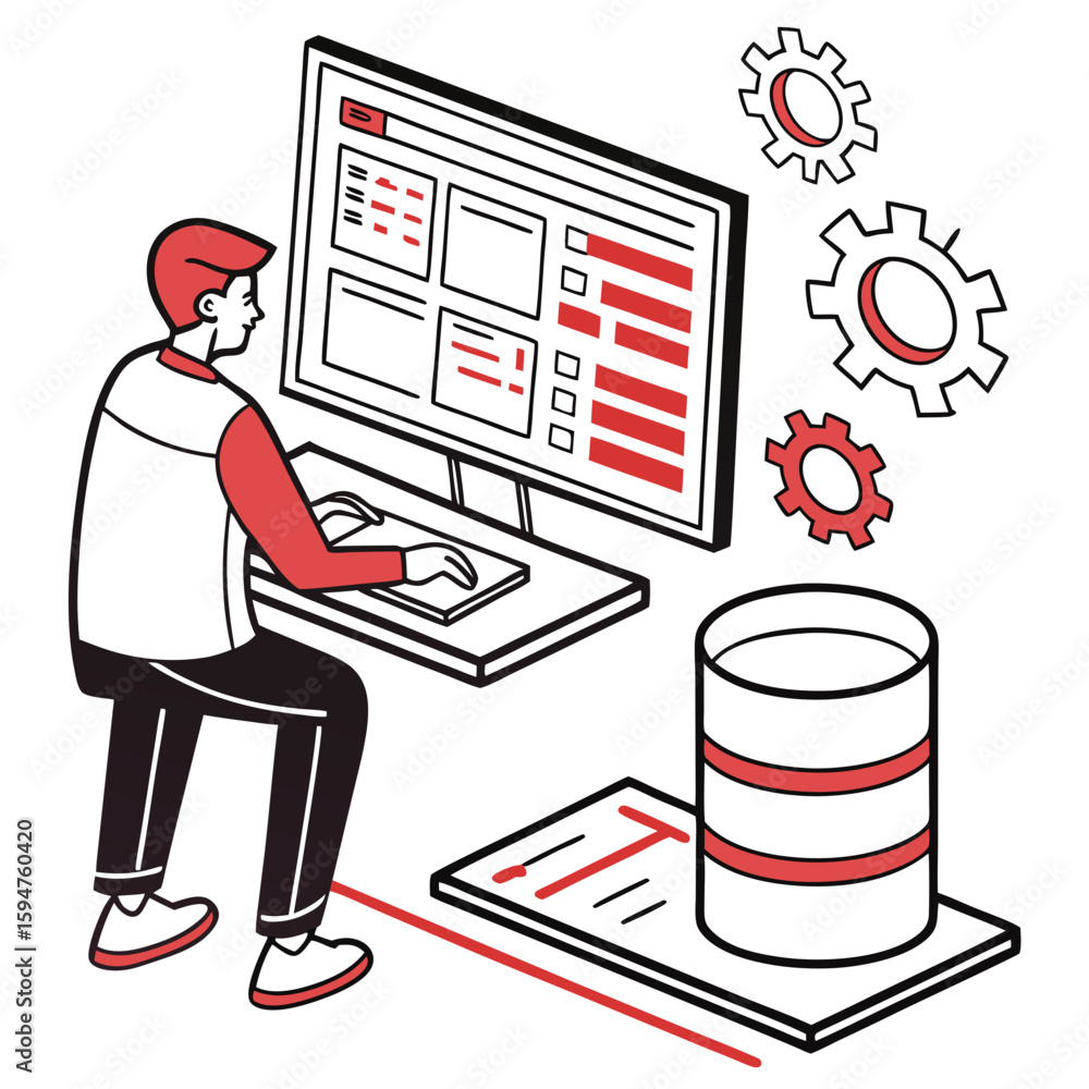 Poster isometric illustration of a person working on a database management system