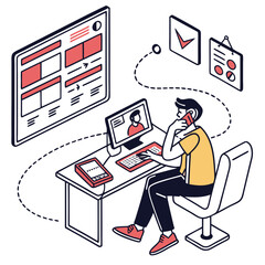 Isometric Illustration of a Man Working at His Desk, Making a Phone Call