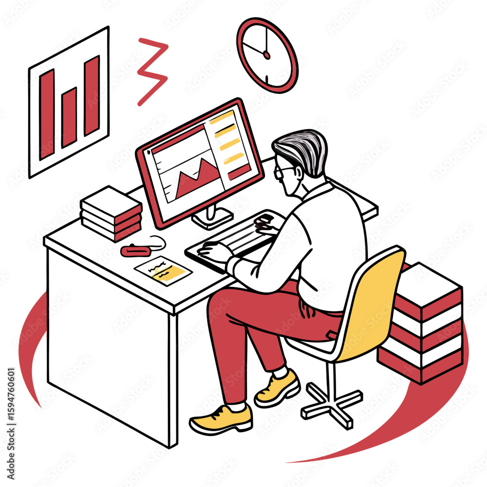 Poster isometric illustration of man working at desk with computer and charts