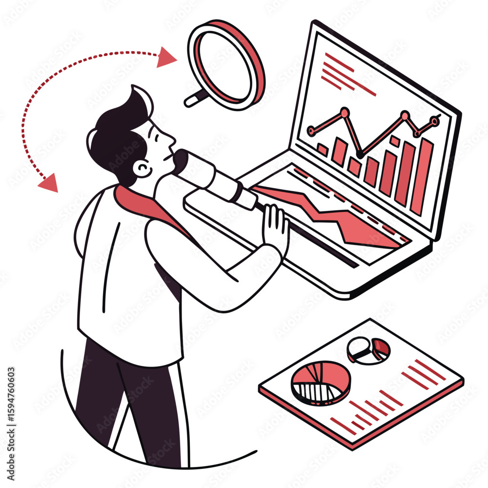 Poster isometric illustration of man analyzing data on laptop with charts and graphs
