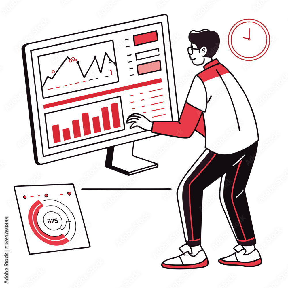 Poster man analyzing data charts on computer screen