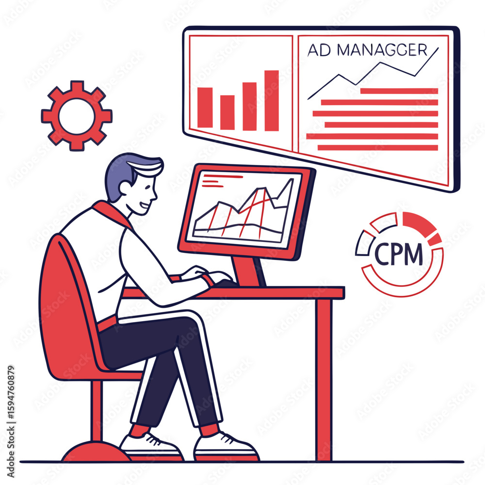 Poster man analyzing data charts on computer screen