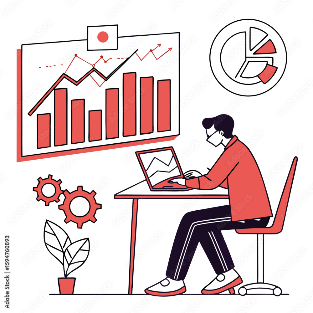 Poster man analyzing data charts on laptop at desk