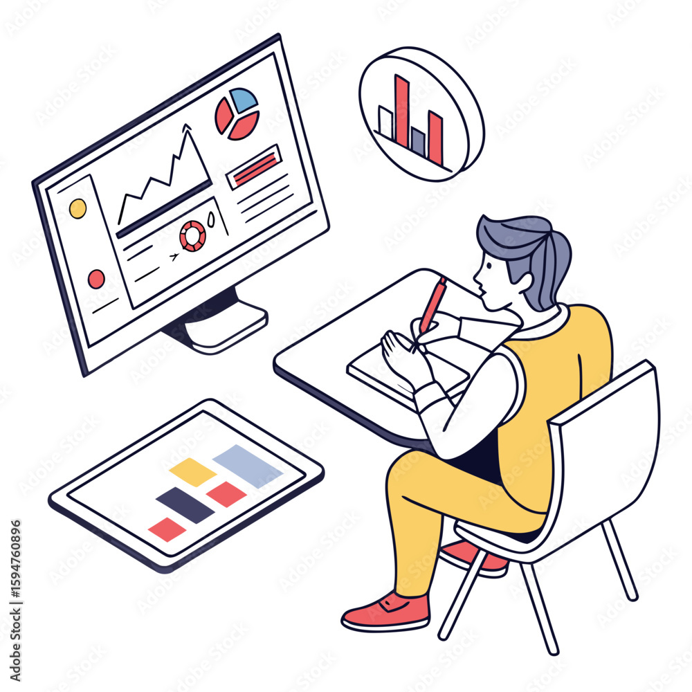 Poster man analyzing data on computer and tablet