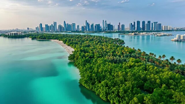 Exploring the vibrant ecosystem of Abu Dhabi mangroves beside urban skyline, Unique ecosystem in Abu Dhabi, mangroves along the coastline Aerial view