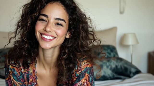 Smiling woman with curly hair sitting comfortably in cozy bedroom setting, Beautiful woman with curly hair, smiling, sitting on bed wearing pajamas Cinematico