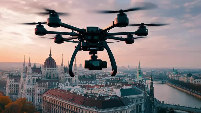 Drone captures aerial view around Austrian Parliament during sunset over the Danube River, Drone establishing orbit of the Austrian Parliament in Vienna with surrounding landmarks