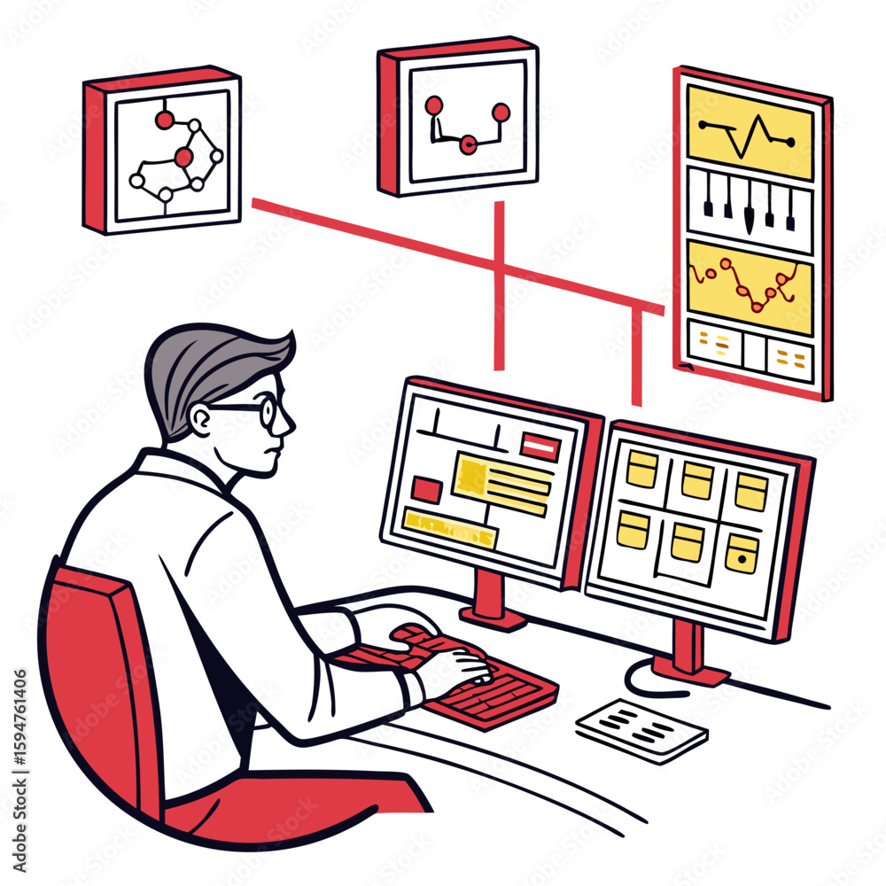 Poster Man Monitoring Data on Multiple Screens in Control Room