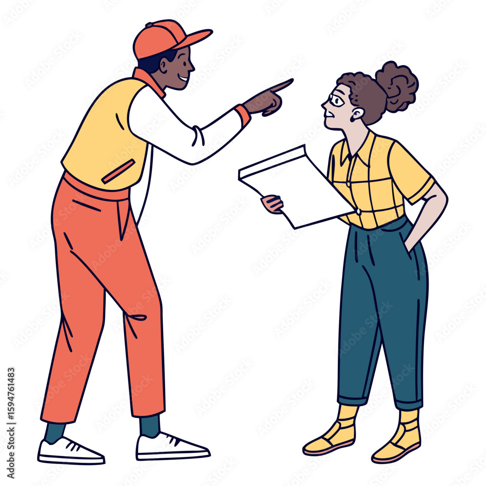 Poster man pointing at document while explaining to woman