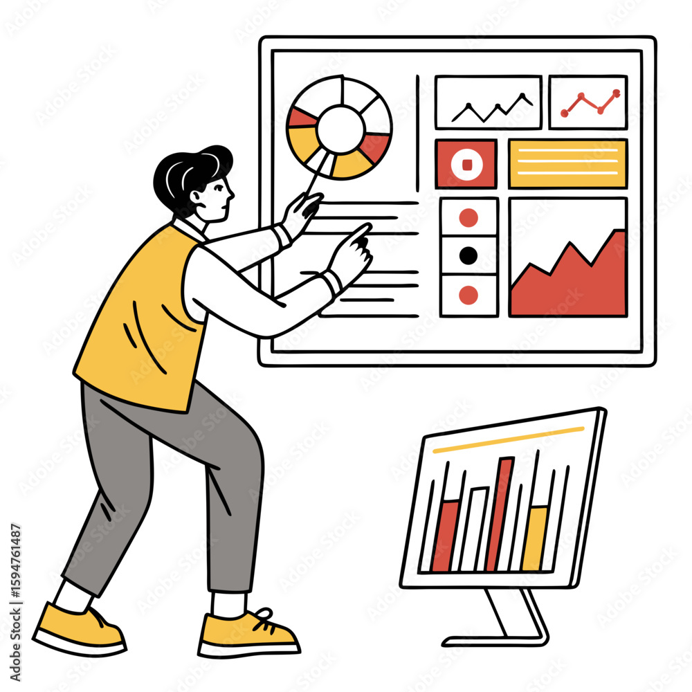 Poster man presenting data analysis charts on large screen and desktop computer