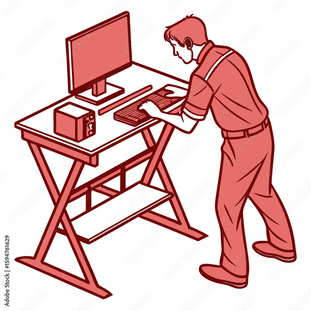 Poster man standing at a red isometric desk using a computer