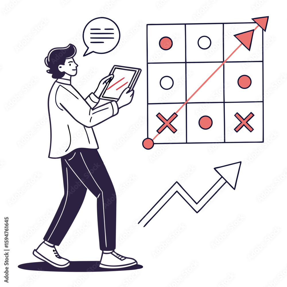 Poster man strategically planning using digital tablet with tic tac toe game and growth chart illustration