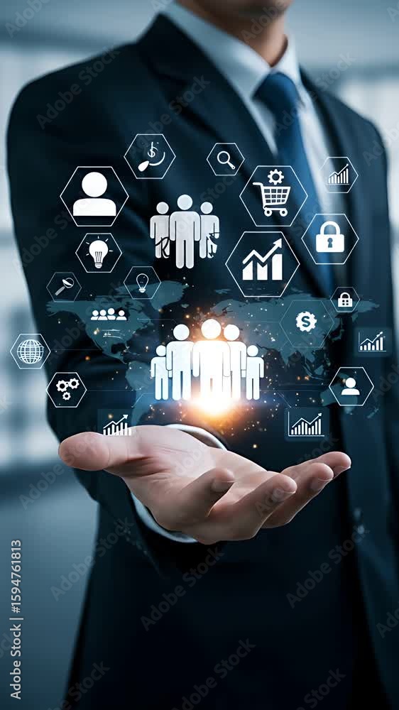Poster global business networking: businessman presenting innovative technologies and teamwork across conti