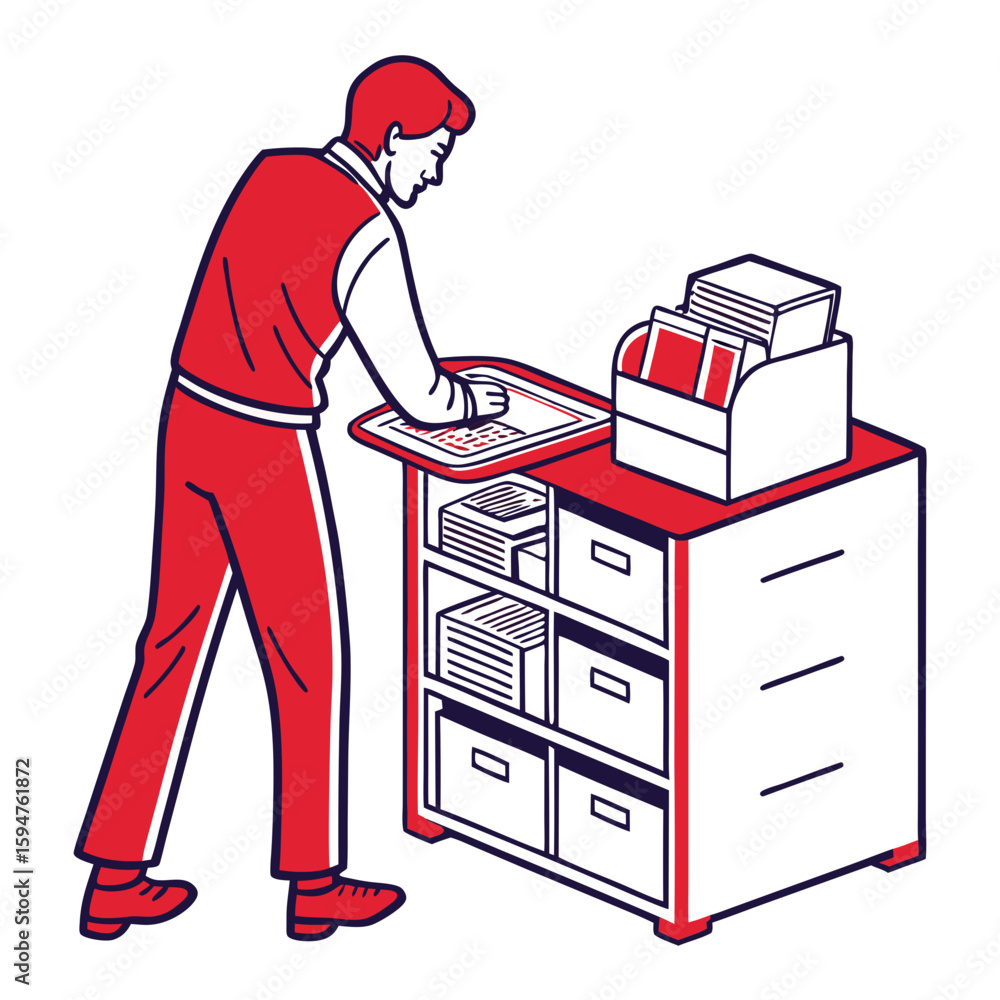 Poster man working at an office desk with filing system