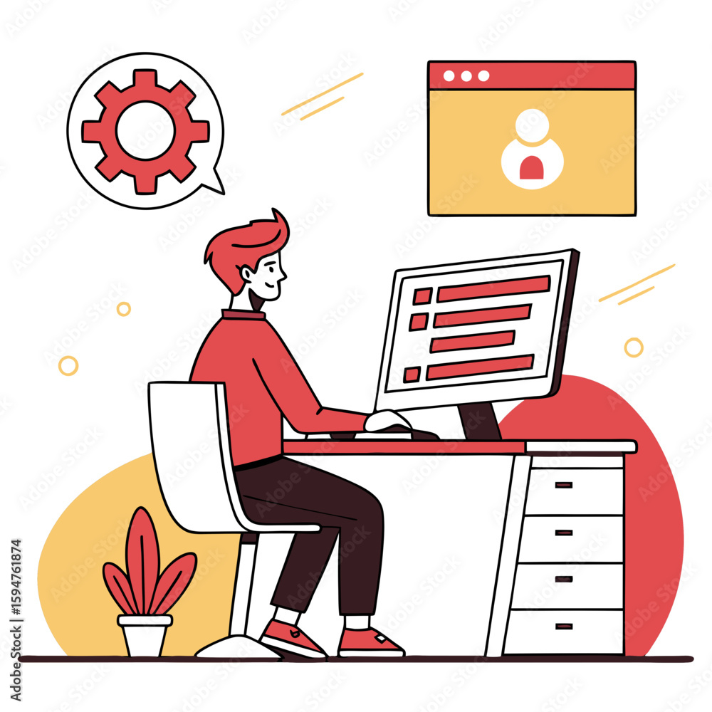 Poster man working at computer desk in modern office setting