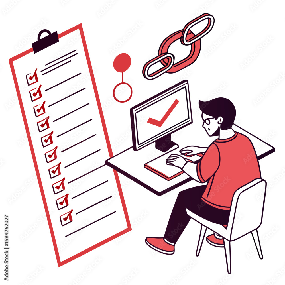 Poster man working on computer with checklist and link isometric illustration