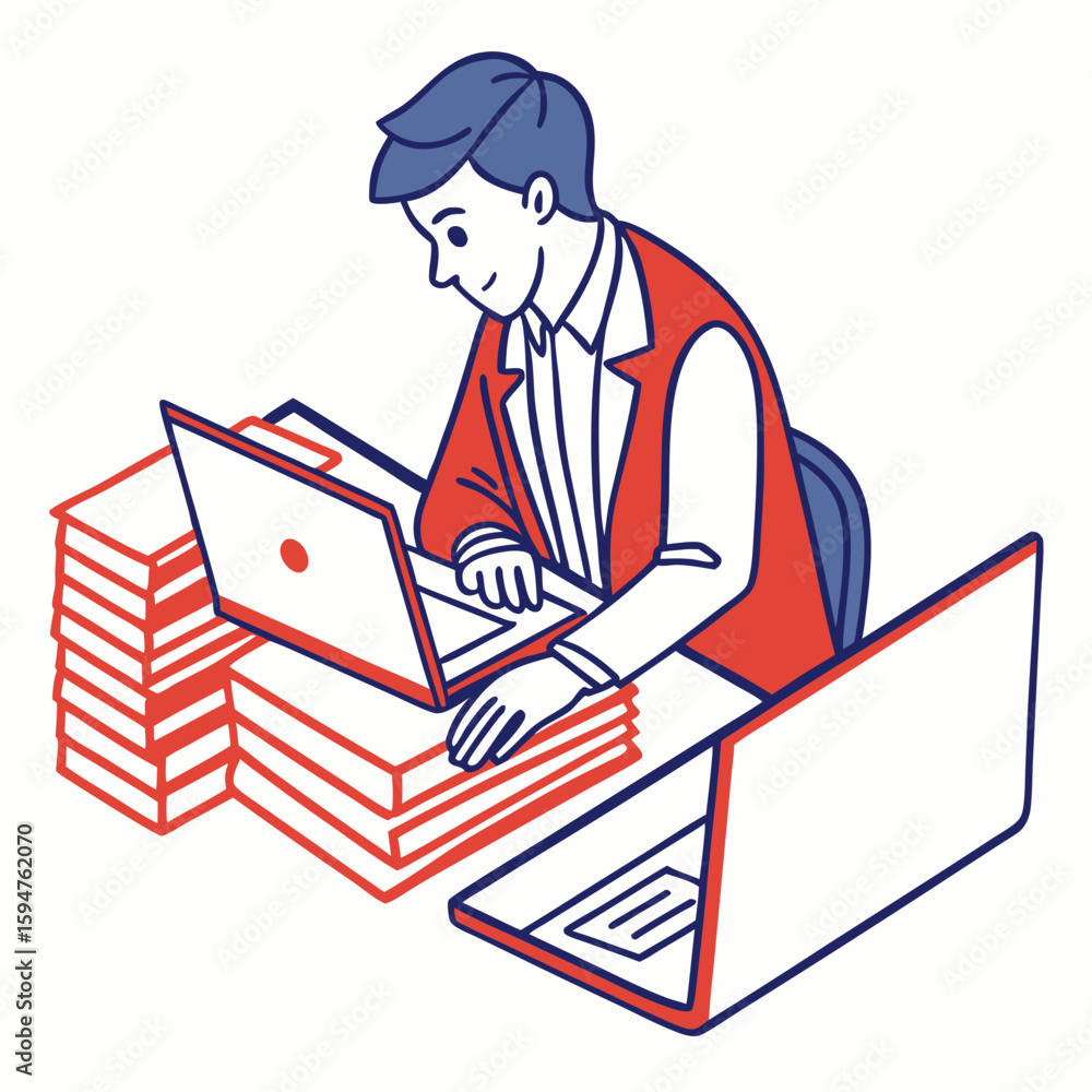 Poster man working on laptop at desk with stack of books