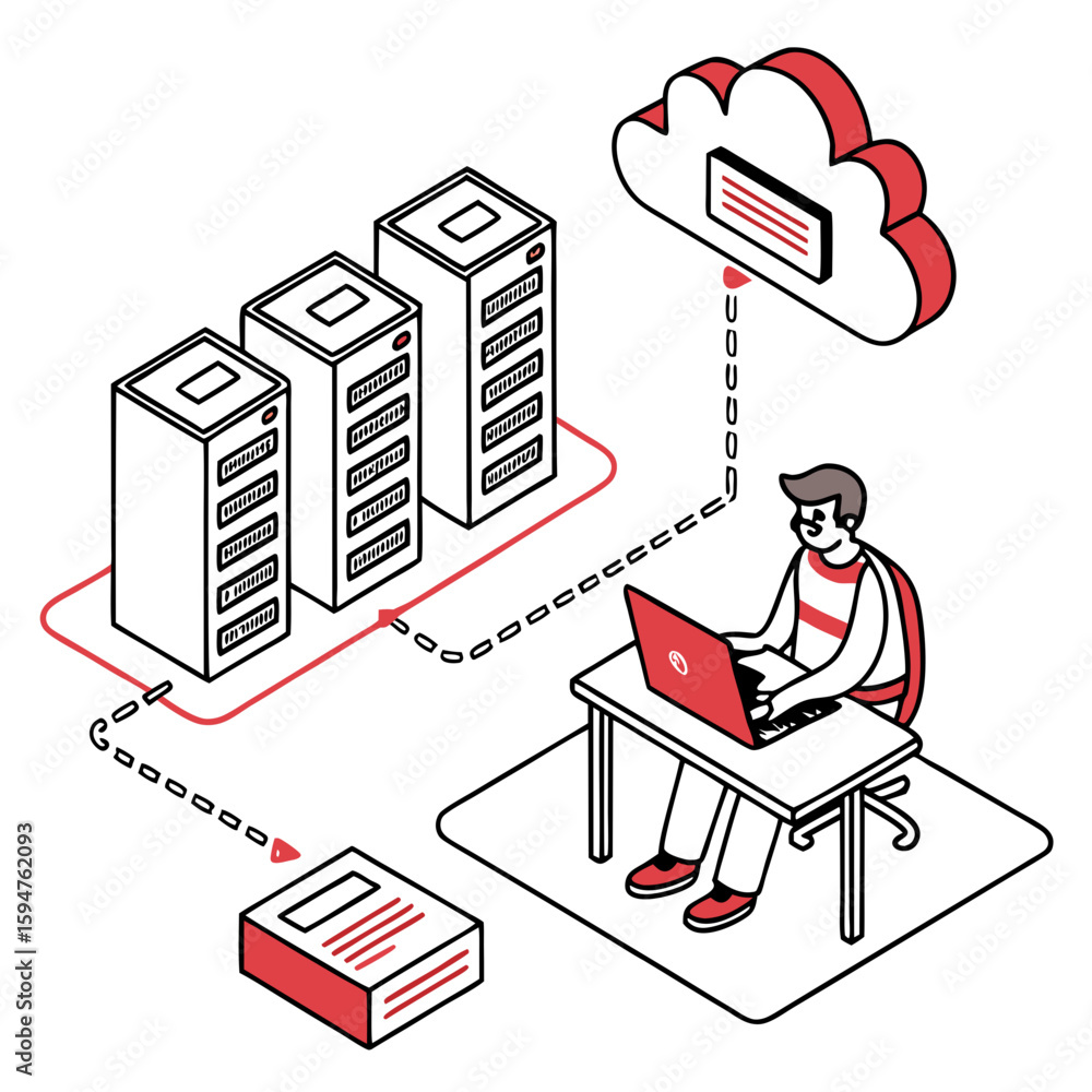 Poster man working on laptop connected to servers and cloud data center
