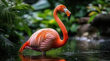 Fototapeta premium Vibrant pink flamingo wading in a tropical pond, reflected in the dark water.