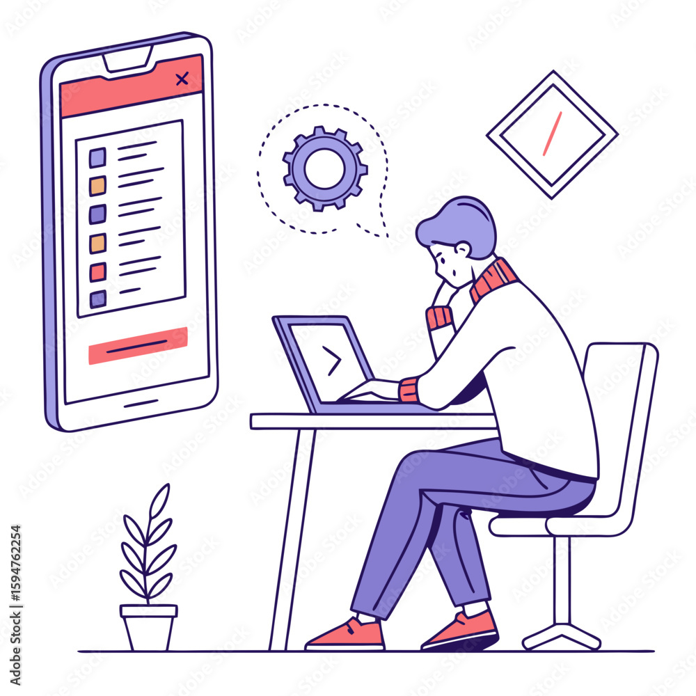 Poster man working on laptop with smartphone app interface
