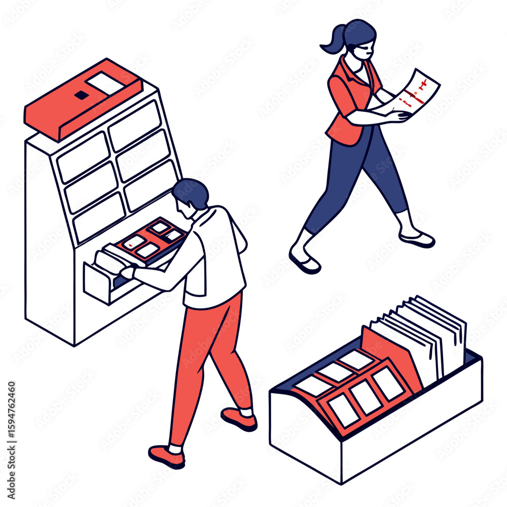 Poster people working in an office setting with documents and filing system
