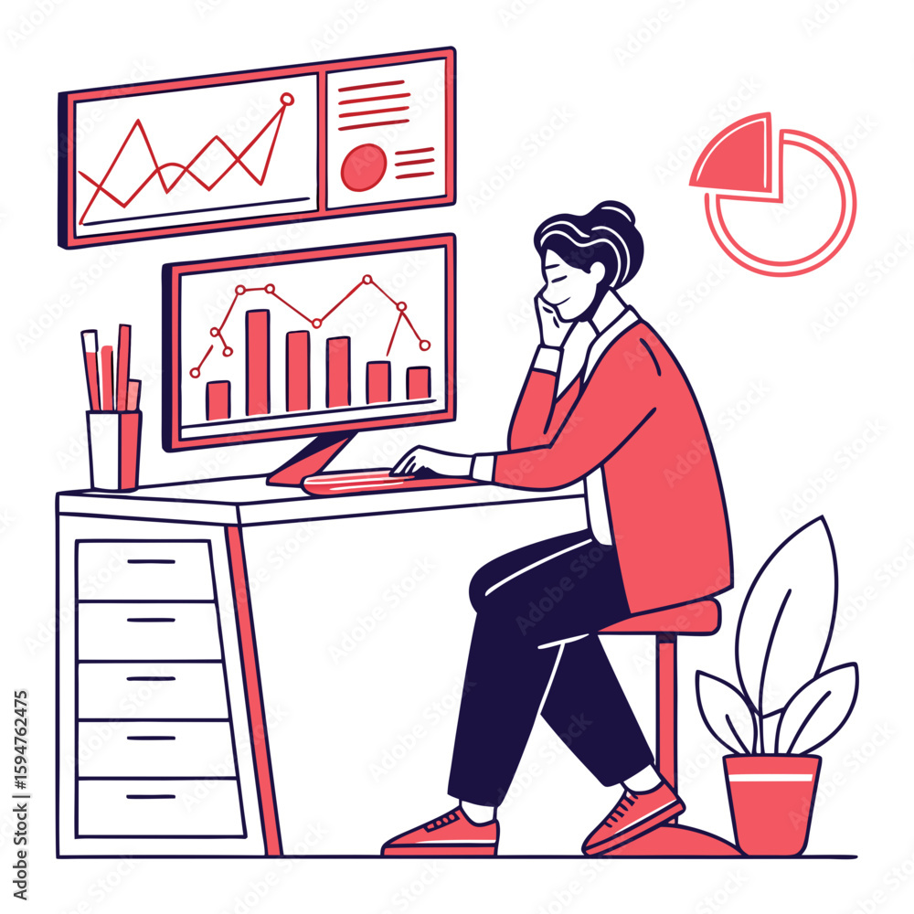 Poster person analyzing data charts on computer screen