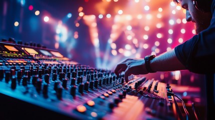 A sound technician fine-tunes an audio mixer during a live concert, showcasing high-quality entertainment technology in action.