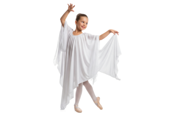 Happy Young Girl in White Dance Costume with Flowing Fabric Posing Gracefully
