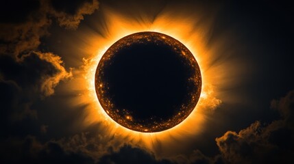 Obraz premium Total solar eclipse, dark moon obscuring sun, bright corona, dramatic clouds.