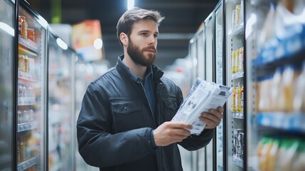 A refrigeration technician meticulously inspects a commercial freezer system in a bustling supermarket, ensuring optimal performance.