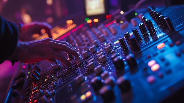 A sound technician meticulously adjusts the audio mixer during a live concert, showcasing high-quality entertainment technology in action.