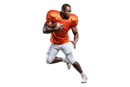 African American Football Player Running with Ball in Orange Uniform