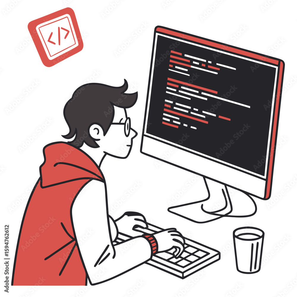 Poster person coding on computer, red and black theme