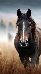 Fototapeta premium Majestic horse running through a foggy autumn field in the early morning light