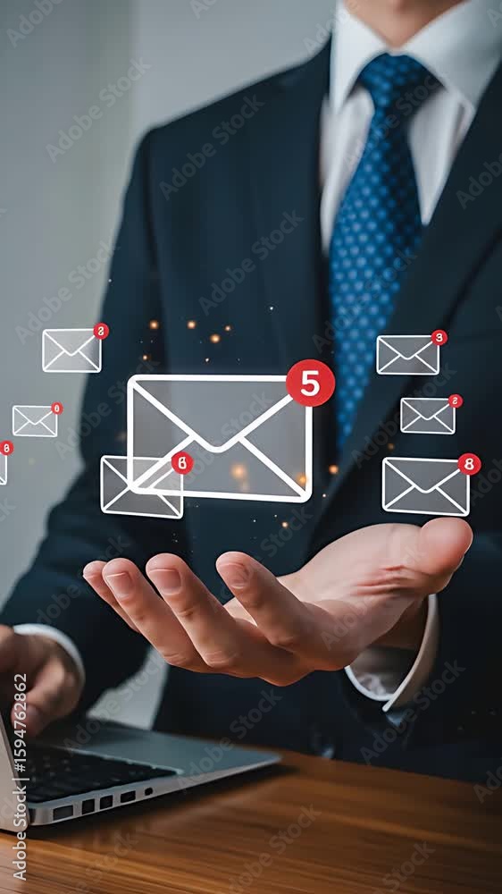 Poster email overload: businessman managing communication with digital notifications at work