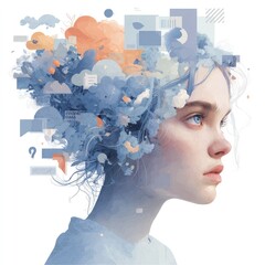 Side profile of a young woman with blue eyes, hair in the form of a surreal cloud of abstract shapes, thoughts and symbols, imagination, dream and digital overload.