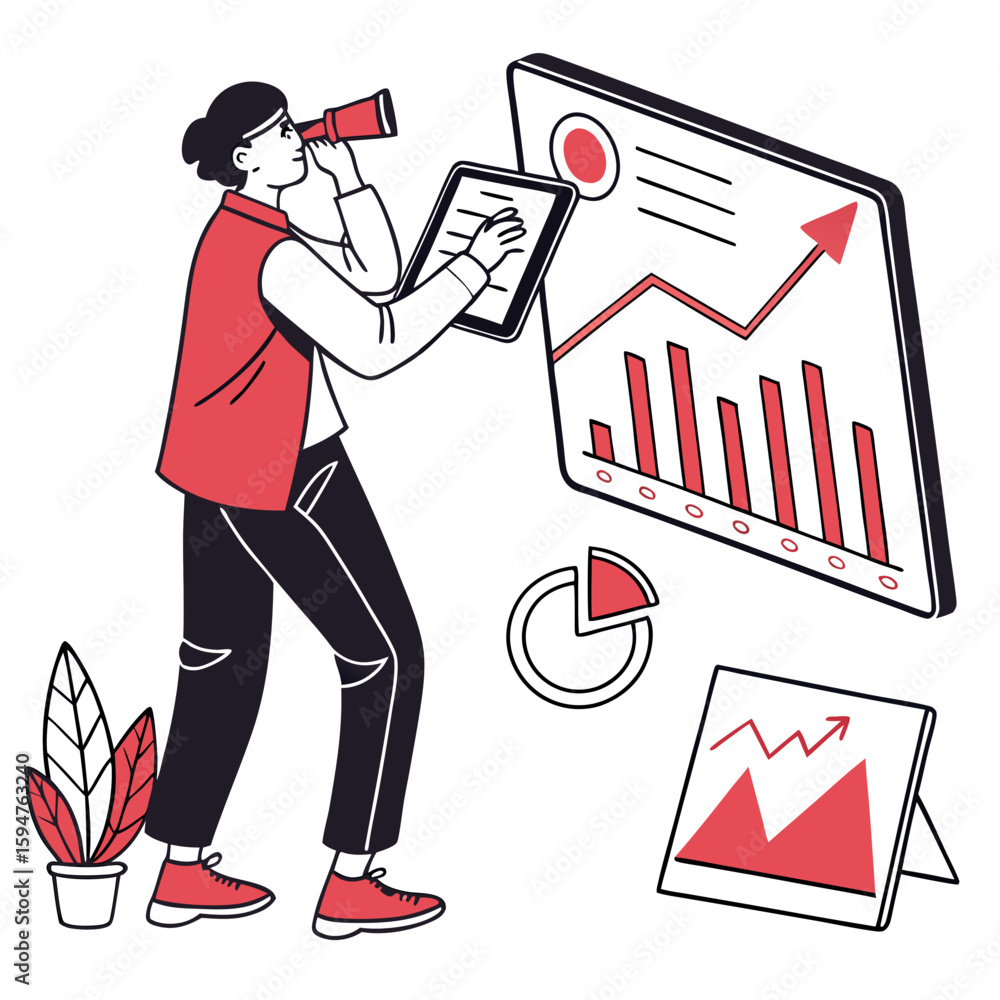 Poster person using tablet analyzing business data charts and graphs