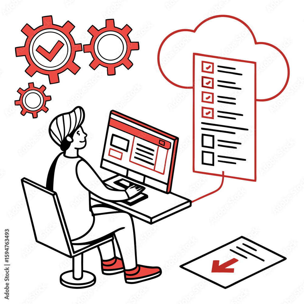 Aufkleber person working on computer with checklist and gears in isometric illustration