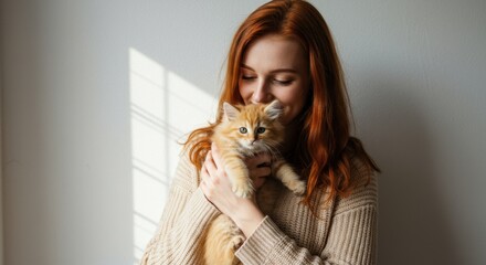 Obraz premium Happily smiling young woman holding a fluffy orange kitten in her arms indoors