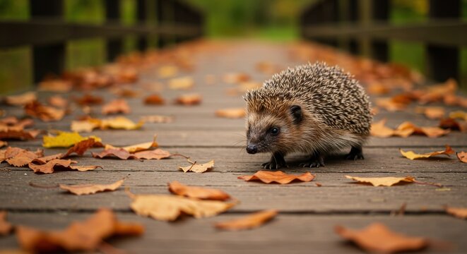 Adorable hedgehog walking along a wooden bridge covered with autumn leaves