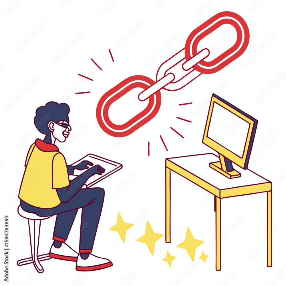 Poster person working on tablet with red chain link and computer