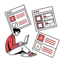 Person Working on Laptop with Red and White Webpages Illustration