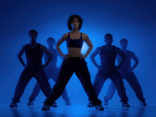 Female dancer in athletic wear stands confidently in front of a group of male dancers, illuminated by dramatic blue lighting, showcasing strength and teamwork in a dynamic performance setting