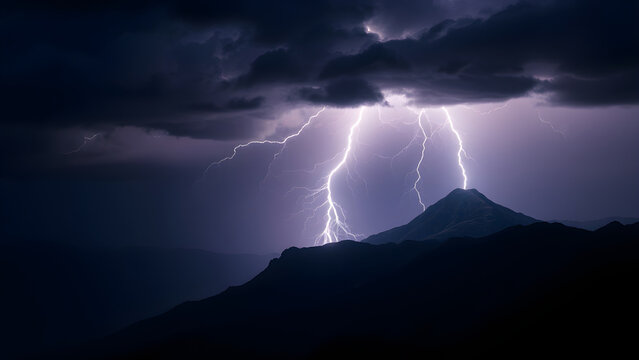 Superbolt (16:9), Public Domain, +CG strike with 10 times normal intensity, connects storm cloud to distant mountain peak