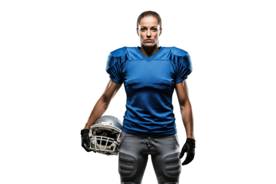 Serious Female Football Player in Blue Uniform Holding Helmet
