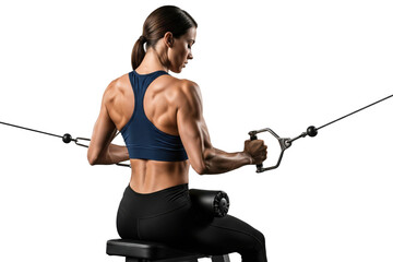 Focused Female Athlete Performing Cable Rows for Back Workout in Gym