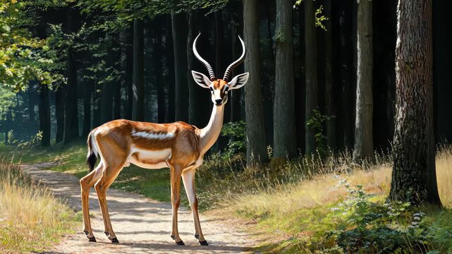 Sand gazelle walks along a forest path in the afternoon light surrounded by trees and grass, Sand gazelle walking in the forest